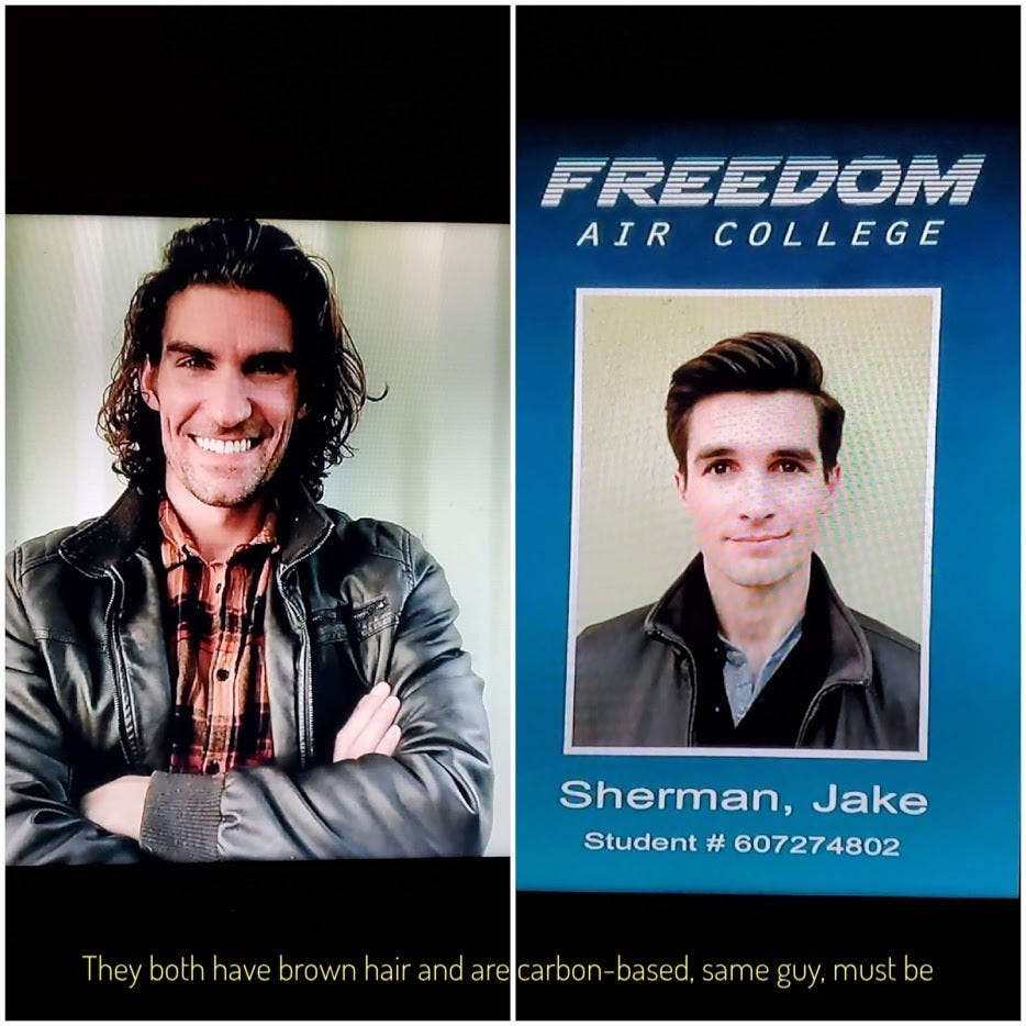 A side-by-side comparison of the two Jakes, captioned "they both have brown hair and are carbon-based, same guy, must be"