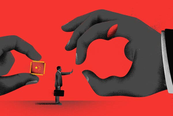 An illustration of a lawmaker getting in the way of a hand in the shape of an Apple and another hand holding a computer chip colored with the flag of China.