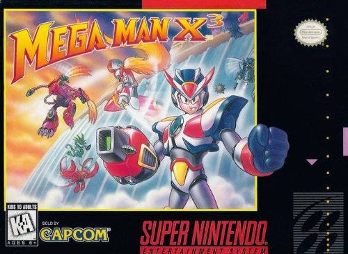 The SNES box art for Mega Man X3, featuring X in white armor in the foreground, with Zero and enemy robot masters in the background.