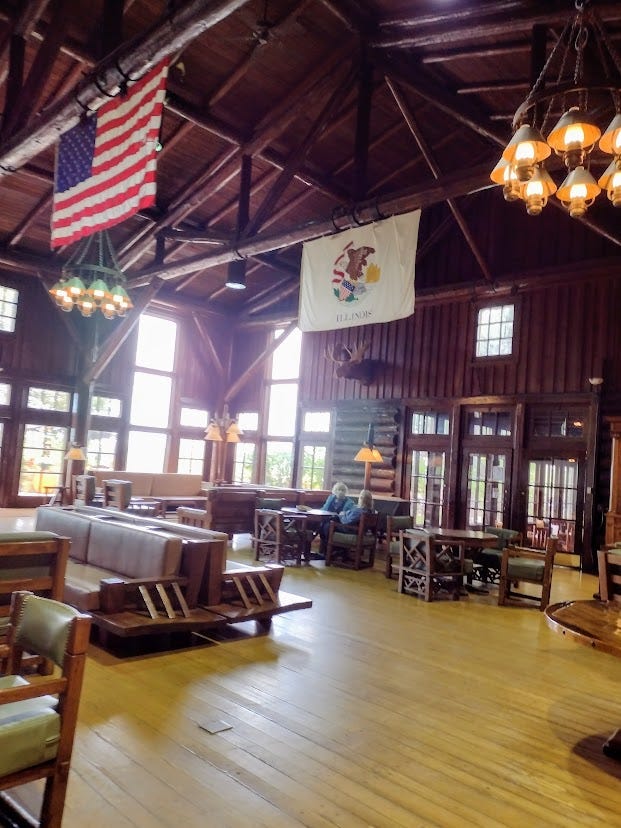 High ceilinged log hall