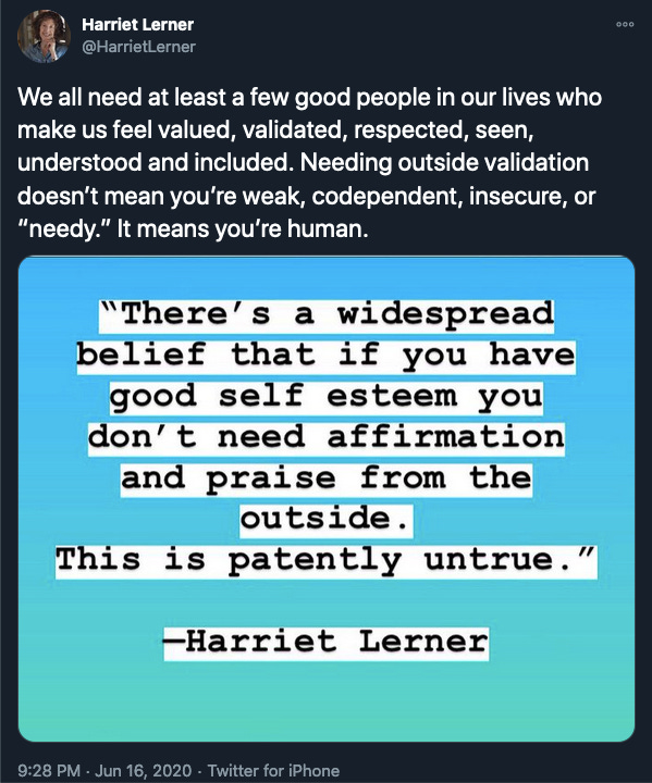 Tweet from Harriet Lerner on how being "needy" is human. Click through for the full text