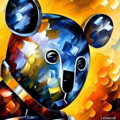 AI-generated image based on prompt: Portrait of an iron robotic koala warrior in a helmet by Leonid Afremov