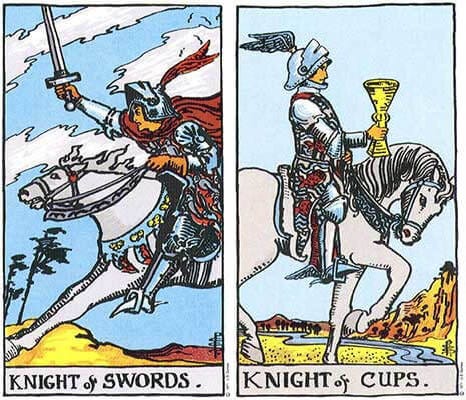 Two tarot cards side by side: The Knight of Swords is on horeseback, sword drawn, charging forward. The Knight of Cups is also on horseback, but holds out a golden cup instead of a weapon.