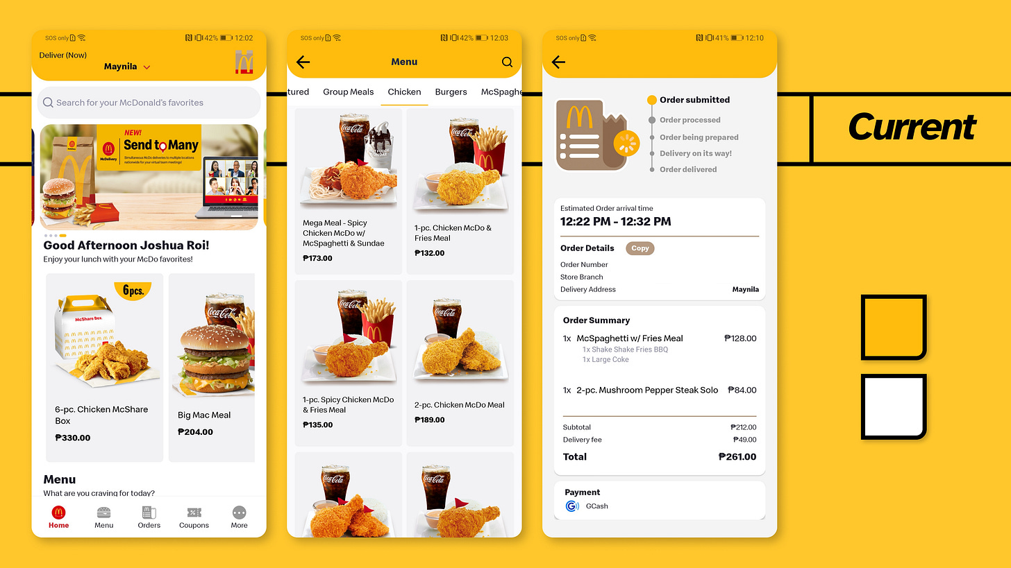 Three screens of the new version of the app, showing the updated design language. Predominant app colors: Yellow and White