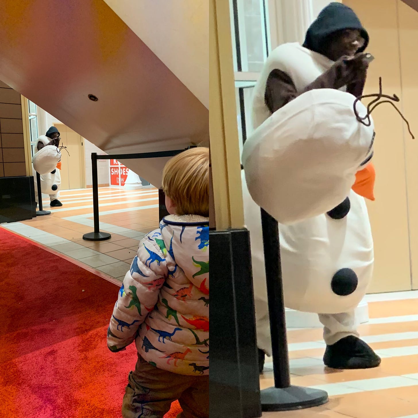 A man dressed in an Olaf costume stands in a mall with his character head off