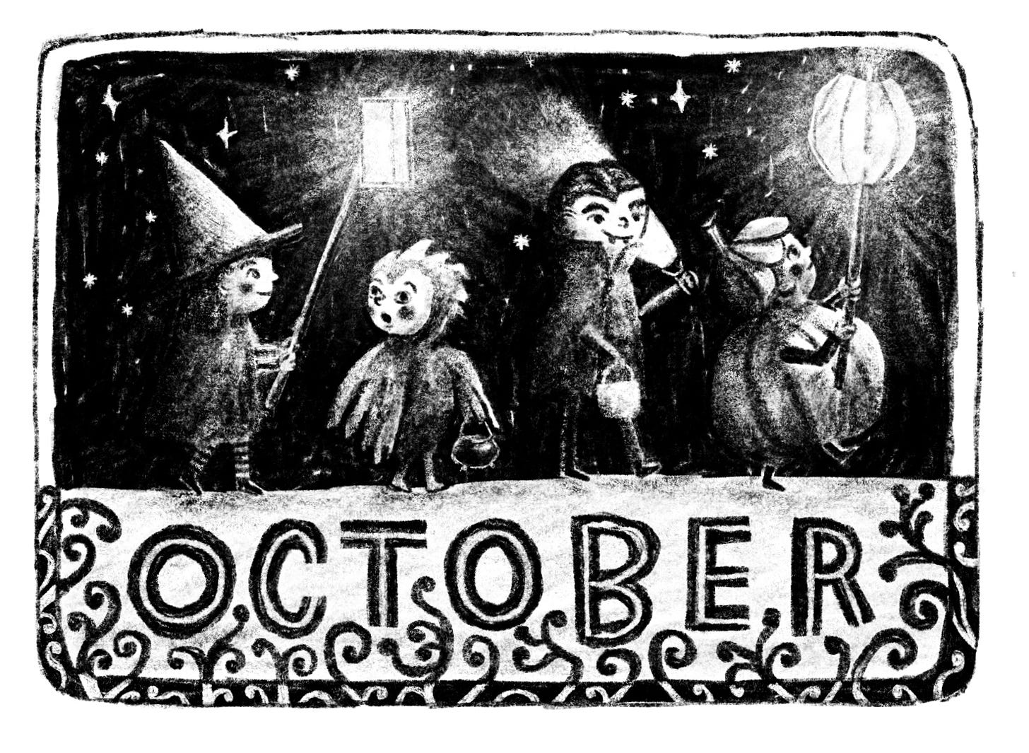 Illustrated banner of 4 children in halloween costumes walking in the dark with lanterns.