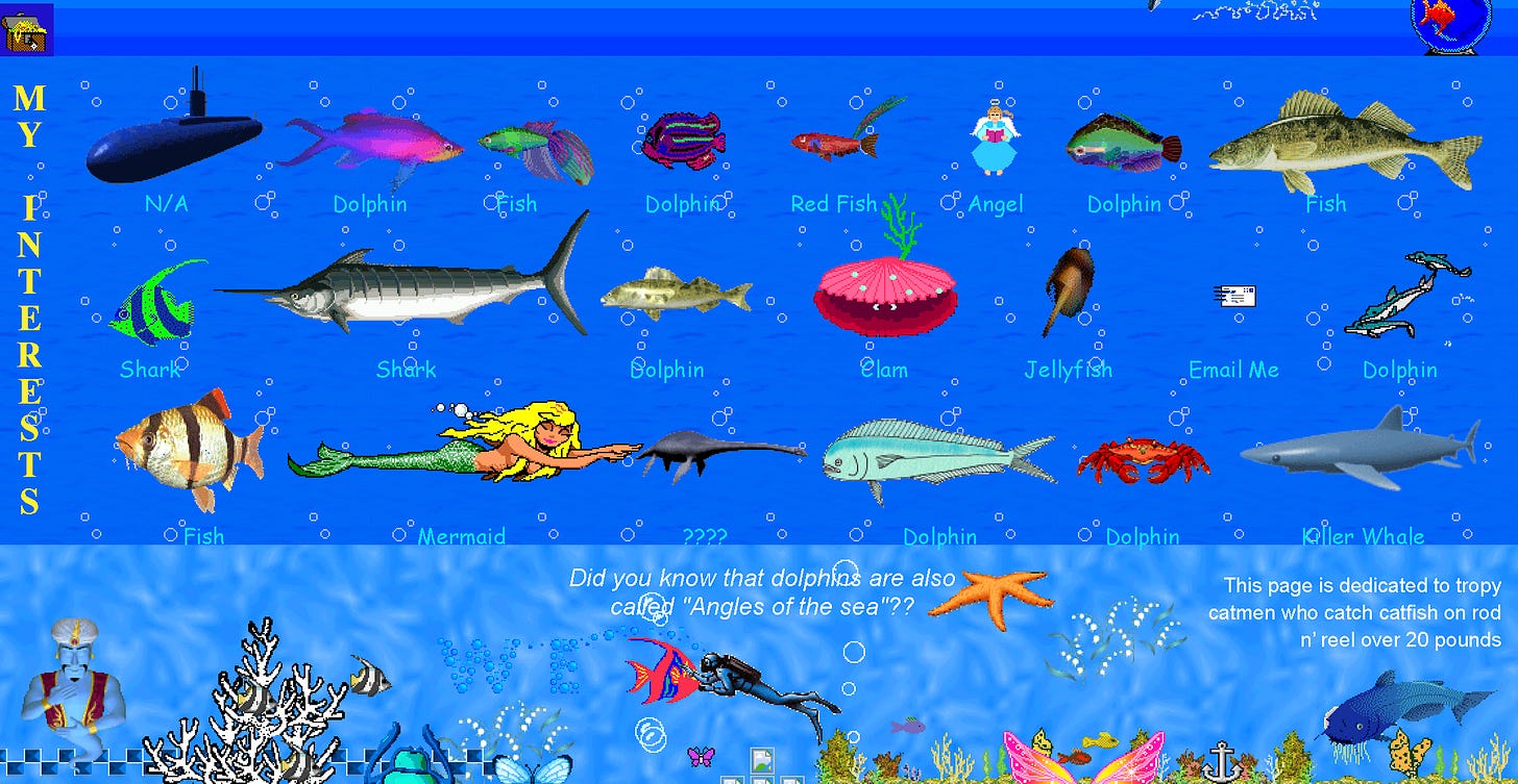 A very busy image with lots of low-res cgi and illustrated fish and labels in comics sans. There are too many things to describe, including “Clam,” “Mermaid” and “Email Me”