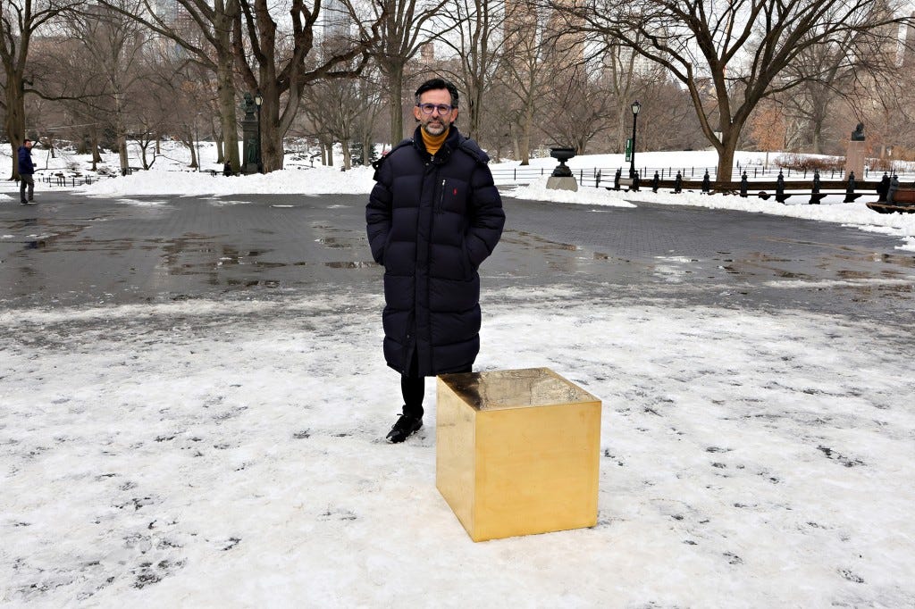 NEW YORK, NEW YORK - FEBRUARY 02: Artist Niclas Castello unveils his new piece "The Castello CUBE", an artwork made of pure 24-carat, 999.9 fine gold in Central Park on February 02, 2022 in New York City. (Photo by Cindy Ord/Getty Images)