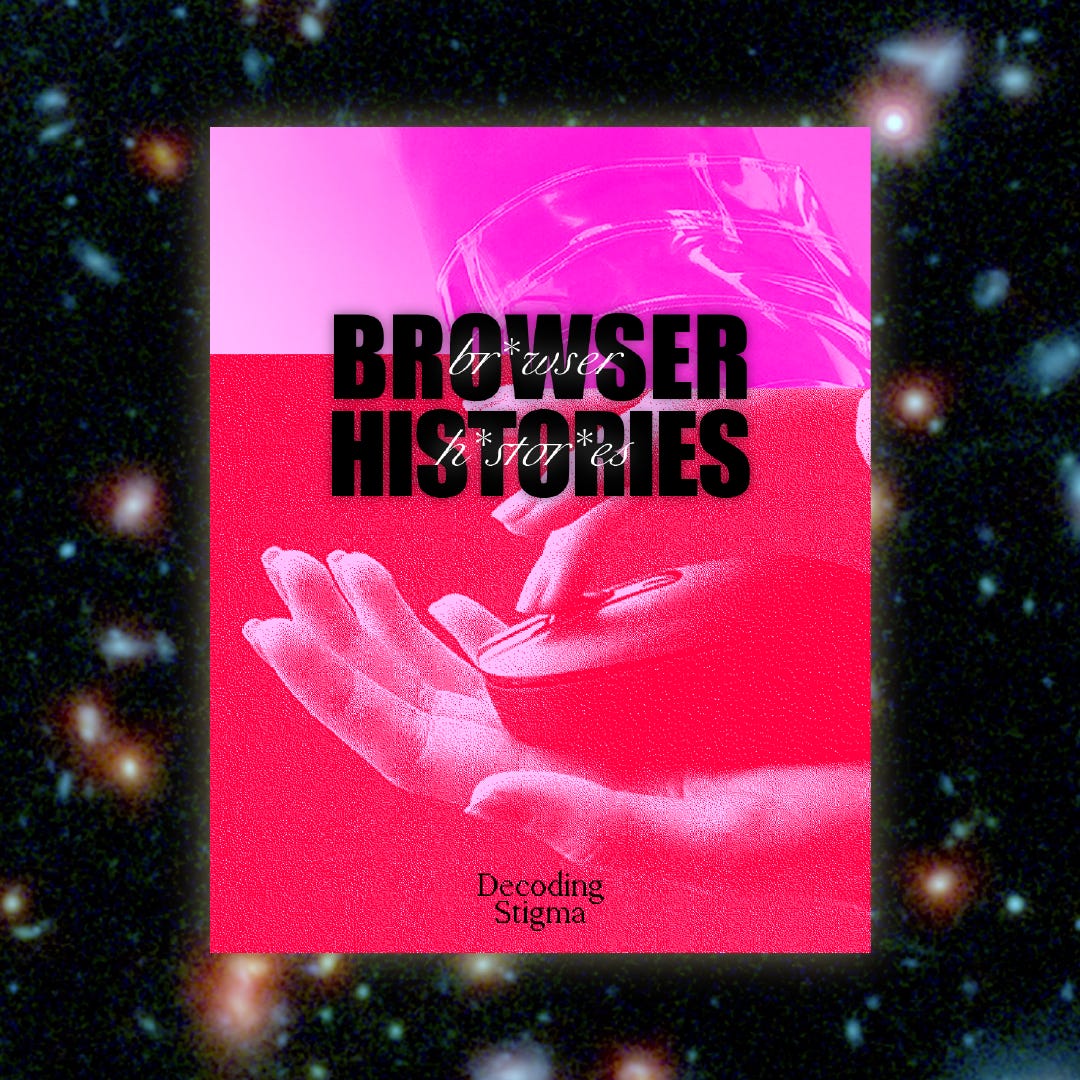 Over a celestial background, a poster reading “Browser Histories” shows a manicured hand caressing a computer mouse