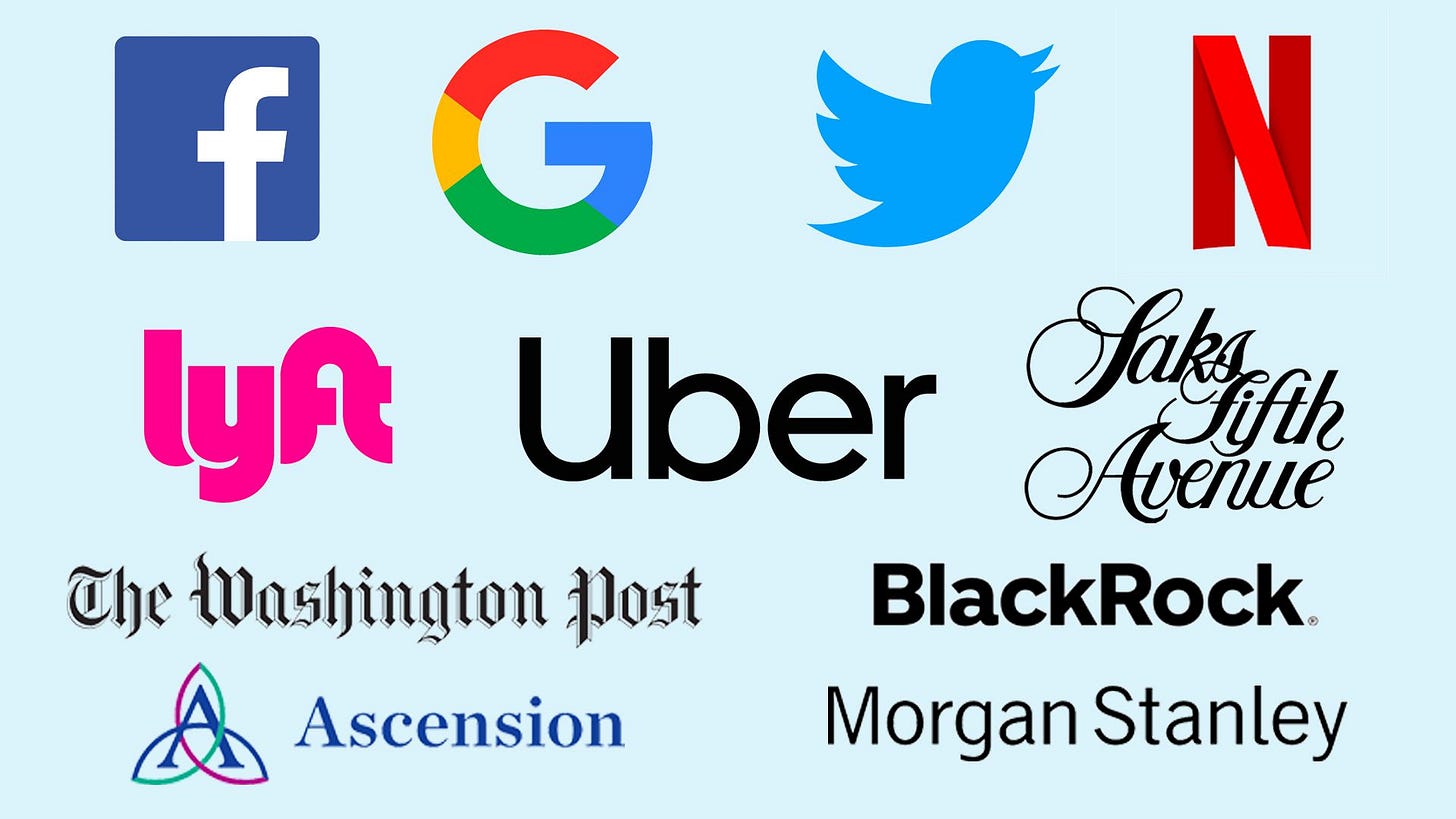 Facebook、Google、Twitter、Netflix、Lyft、Uber、Saks Fifth Avenue、The Washington Post、blackRock、Ascension、MorganStanleyのロゴのイラスト