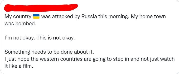 A tweet by a person from Ukraine about the Russian invasion.