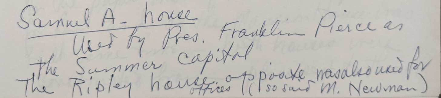 hand-written note claiming that president pierce used 48 central street andover as his summer white house