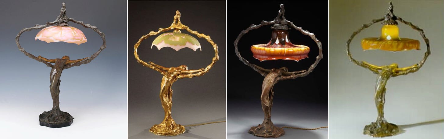 Four specimens of the Méliodon lamp fitted with a Gallé bulb cover. Left to right: Est Ouest auctions, 2021-07-10, lot #47; Millon, 2013-04-24, lot #137; Aguttes, 2015-06-17, lot #94; Sotheby's, 1998-12-05, lot #544.