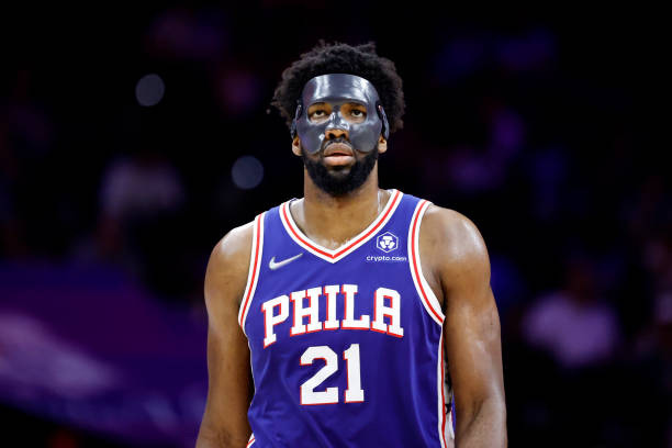 Joel Embiid of the Philadelphia 76ers looks on during the second half against the Miami Heat in Game Six of the 2022 NBA Playoffs Eastern Conference...