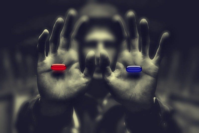 Man offering blue pill and red pill Man offering blue pill and red pill