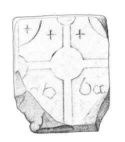 Drawing of an early medieval carved name-stone from Hartlepool, County Durham. It's a small rectangular slab with a large cross, two small crosses and the name of the person being memorialised