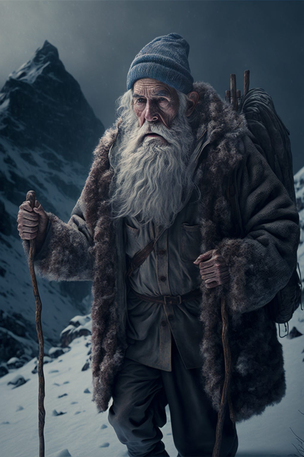 personification of winter as an old man with grey beard hiking on a snowy mountain path, mountain background, dark art style, highly detailed, golden ratio, photorealistic, hyper realistic, hyper detailed, inspirational, bleak and cold colour coding, hyper maximalist, hyper realistic, glow, ornate, luxury, elite, dynamic pose, octane render, 8k hd