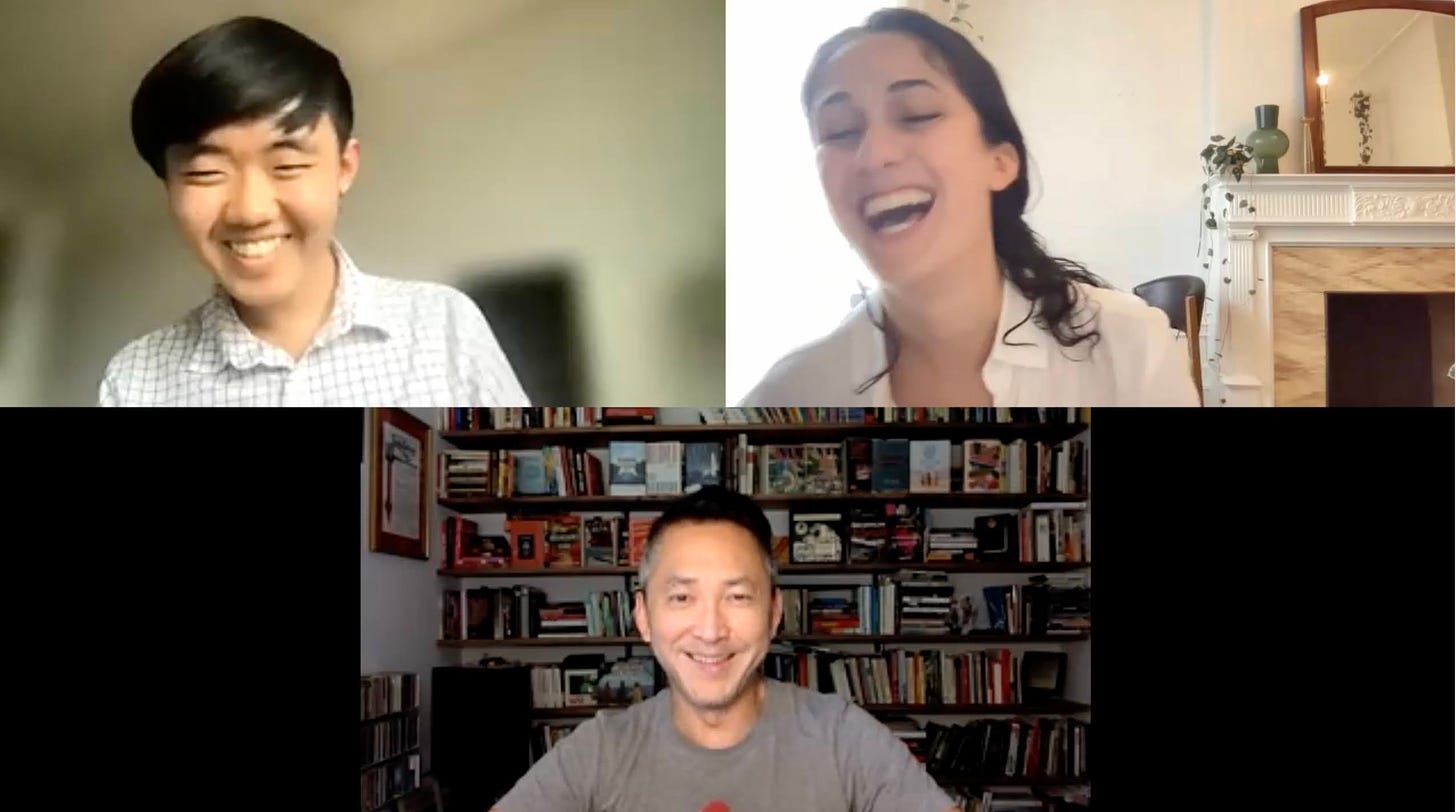 screenshot of a Zoom call with Samson, Bahar and Viet Thanh Nguyen. Samson and Viet Thanh Nguyen are smiling, Bahar is laughing