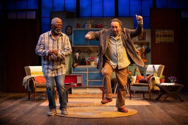 Mr. Sher with John Kani in &ldquo;Kunene and the King,&rdquo; written by Mr. Kani, in 2019. In what turned out to be his last role, Mr. Sher played a terminally ill South African actor.