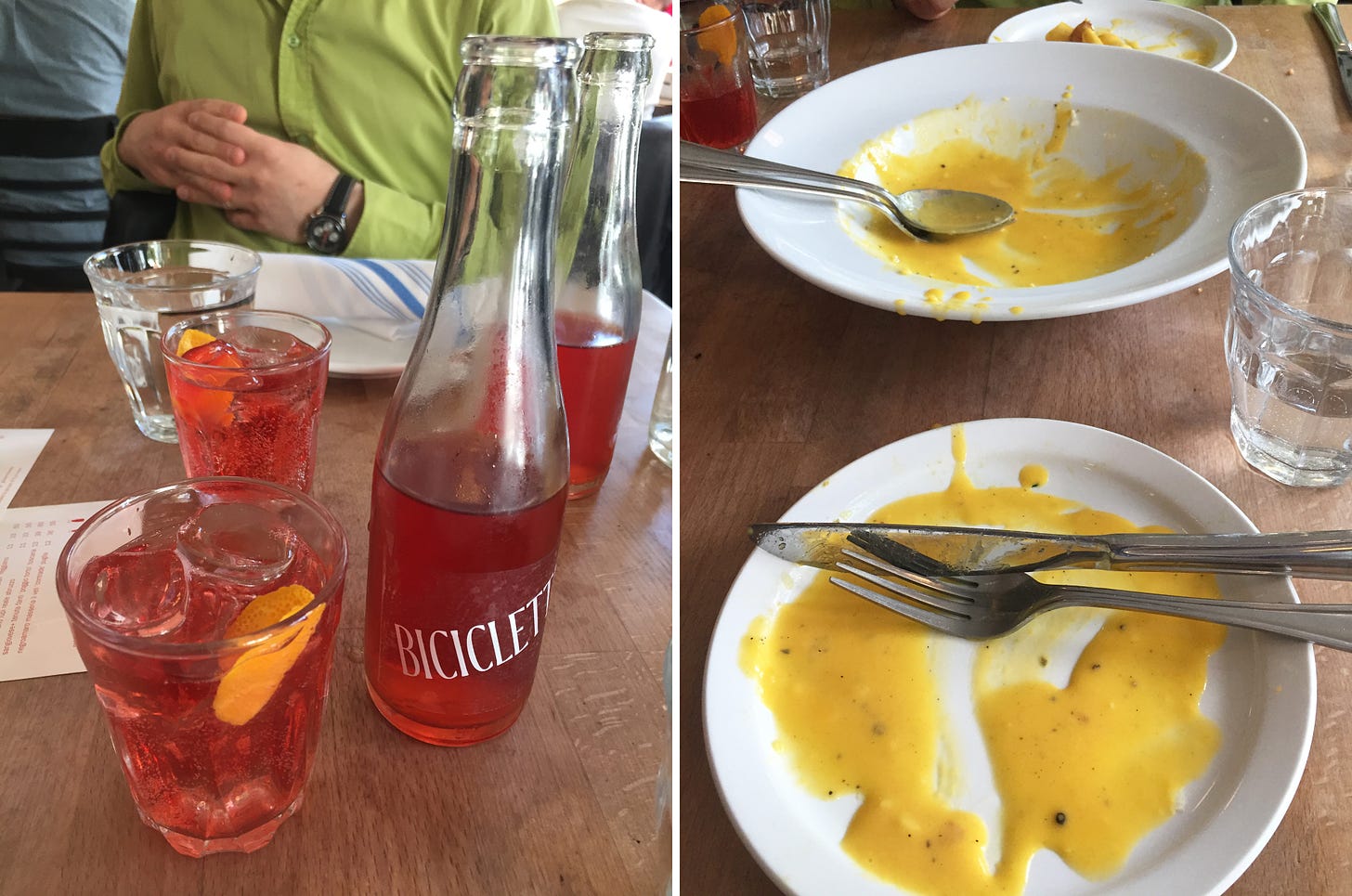 Left image: two small bottles full of light red bicicletta, and small glasses of the same next to them. Right image: two empty side plates and an empty white serving bowl, all with utensils on top and the remnants of a creamy yellow sauce with black pepper.