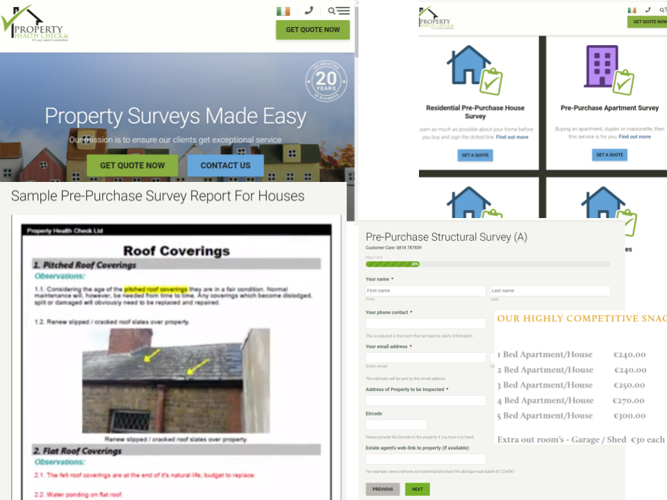 Home page image of a real estate website their services page and pre purchase structural survey