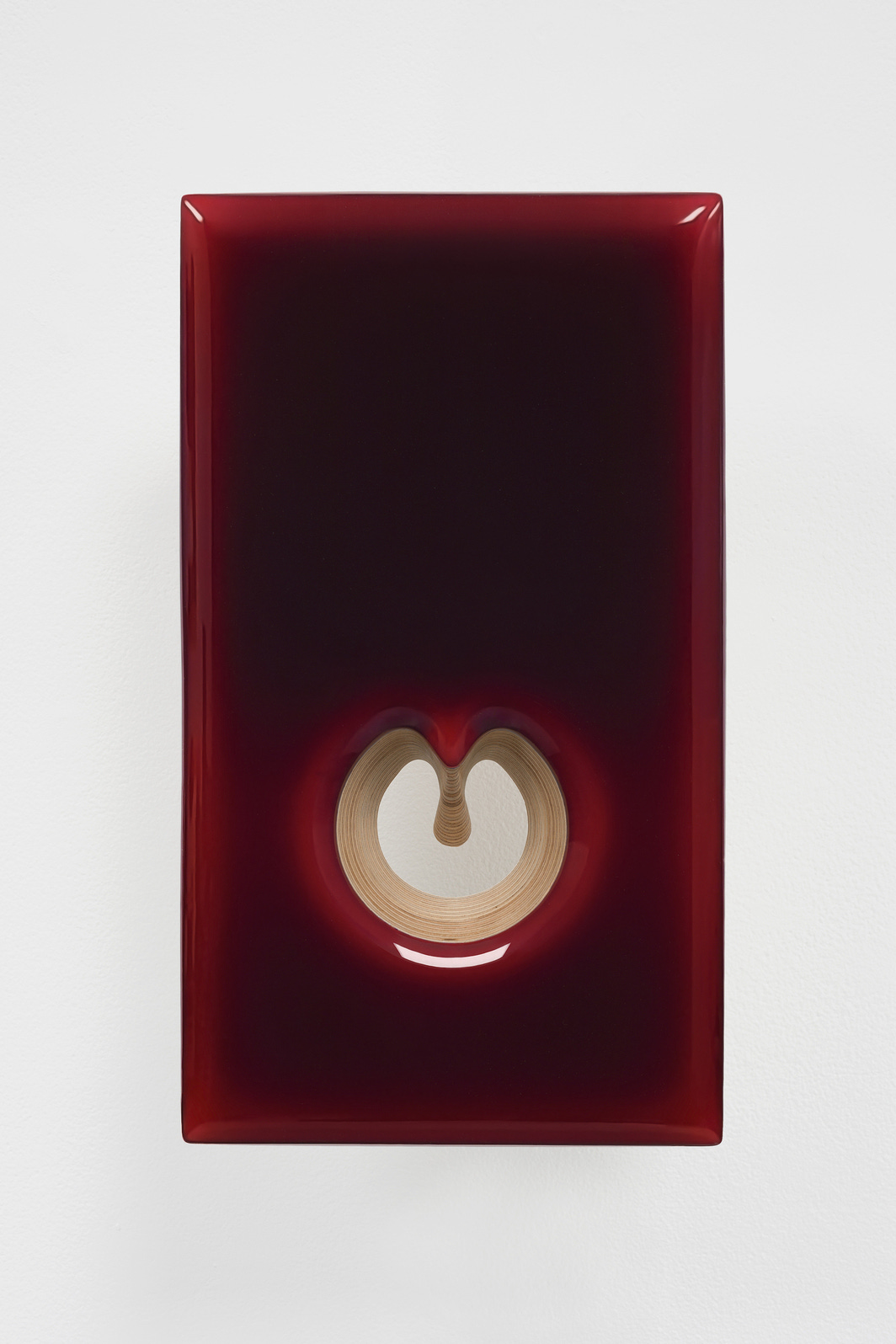 Donald Moffett, Lot 080820 (open red), 2020, Pigmented epoxy resin and acrylic, wood panel, steel, 14 x 8 x 5 3/4''.