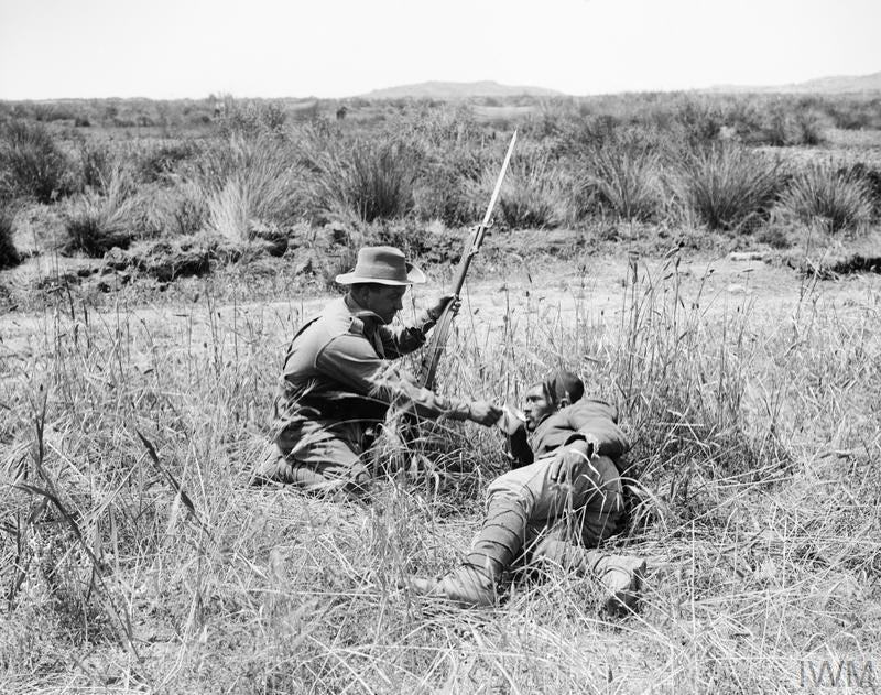 An Australian infantryman gives a drink to a wounded Turkish soldier during the Gallipoli Campaign in 1915. Achi Baba can be seen in the background.