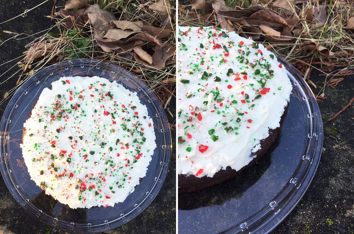 Left image: from above, on an outdoor ledge, a glass cake plate with a round chocolate cake covered in white icing and green, red, and white candy cane bits. Right image: a closer photo of the same cake, in the same location, from a slight angle.