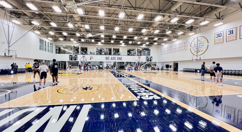 A wide shot of the Pacers after their first camp practice of 2022.
