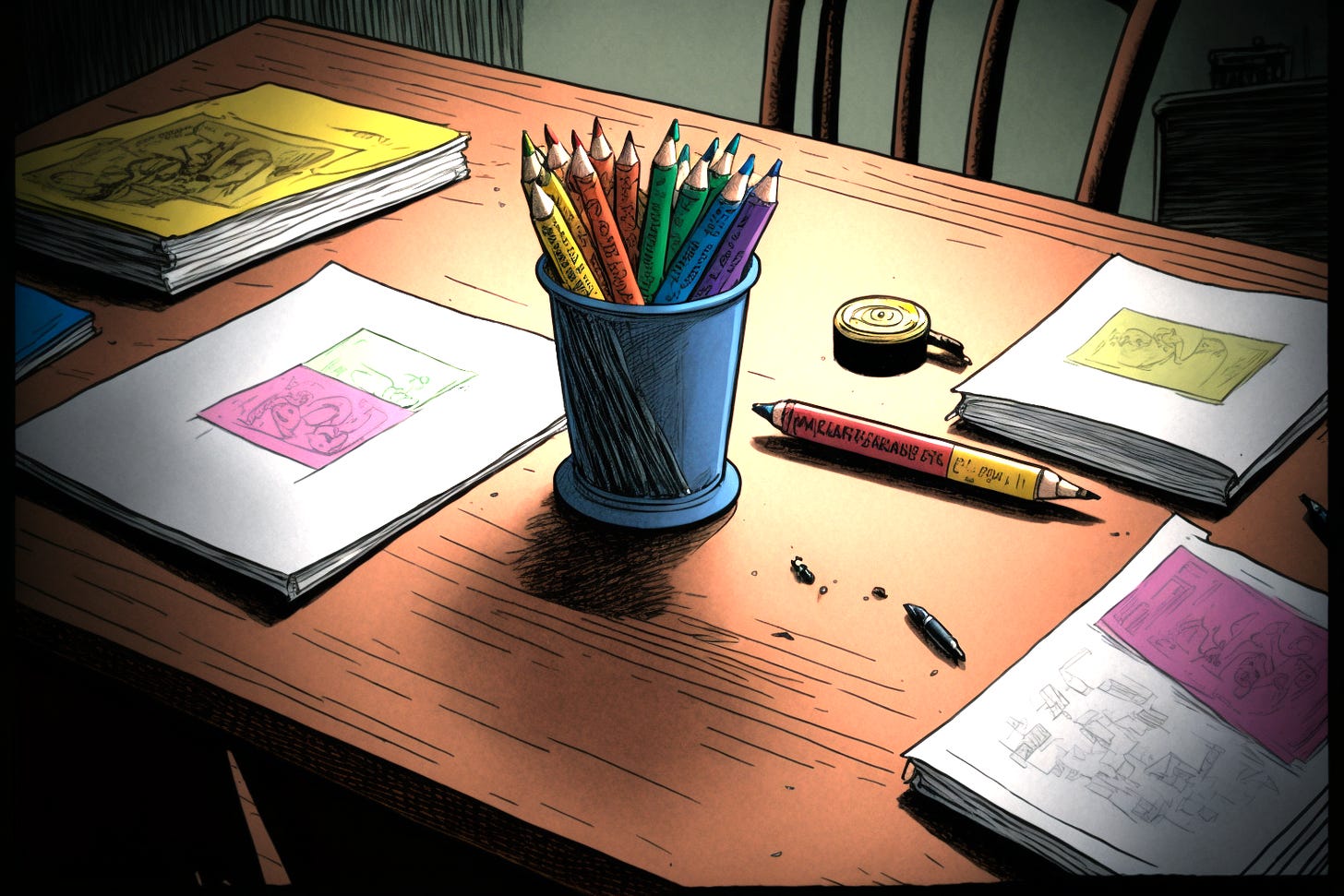 crayons lying on a table, graphic novel