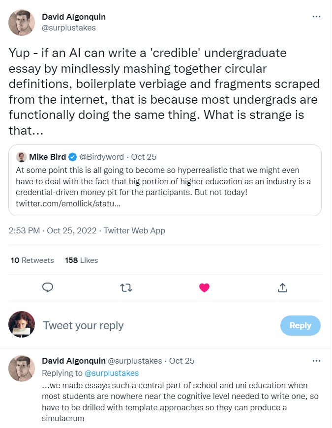 Tweet about undergrads using the same approach to write essays as AI
