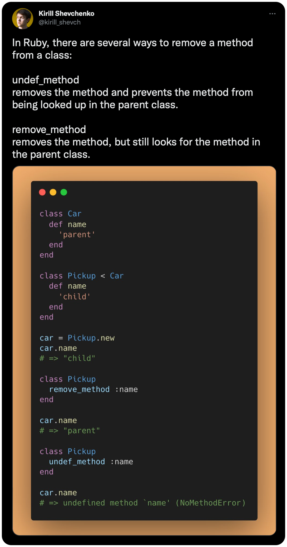 In Ruby, there are several ways to remove a method from a class: undef_method removes the method and prevents the method from being looked up in the parent class. remove_method removes the method, but still looks for the method in the parent class.