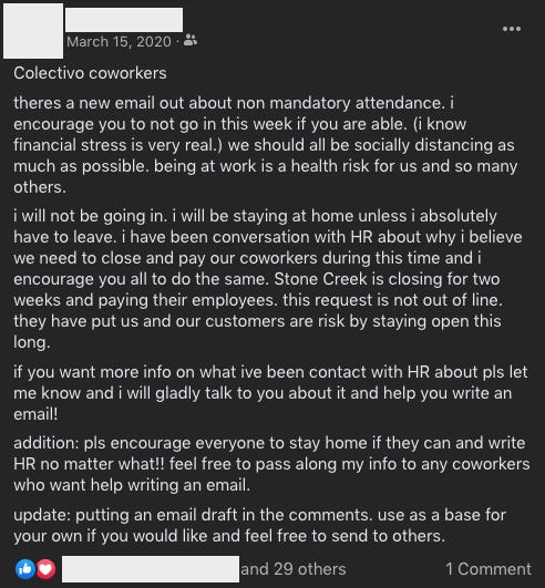 A Facebook post by the anonymous Milwaukee shift lead to coworkers about emailing HR their concerns about the pandemic.