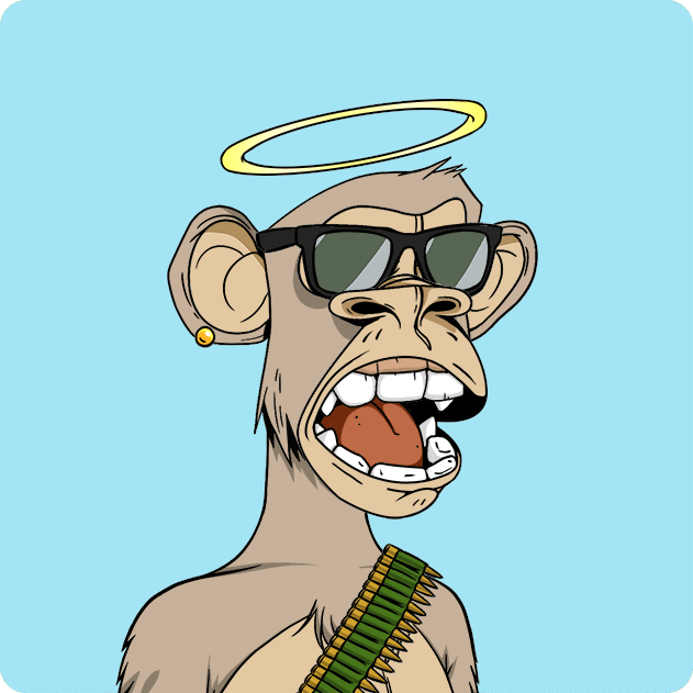 A cartoon of an ape in sunglasses with a halo, an ear piercing, big teeth, and an ammunition chain