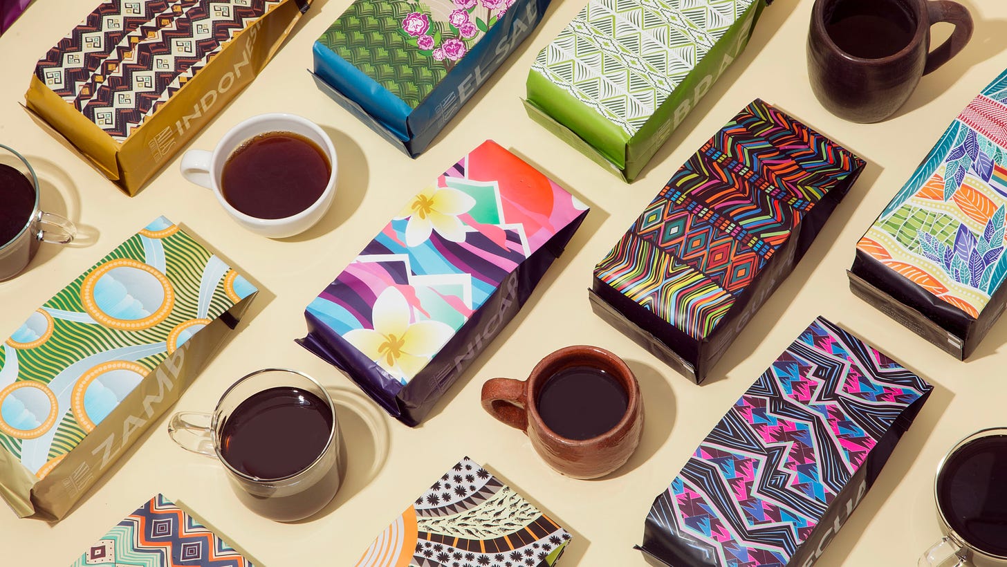 Colorful coffee bags and coffee cups arranged, patterned, in isometric view 