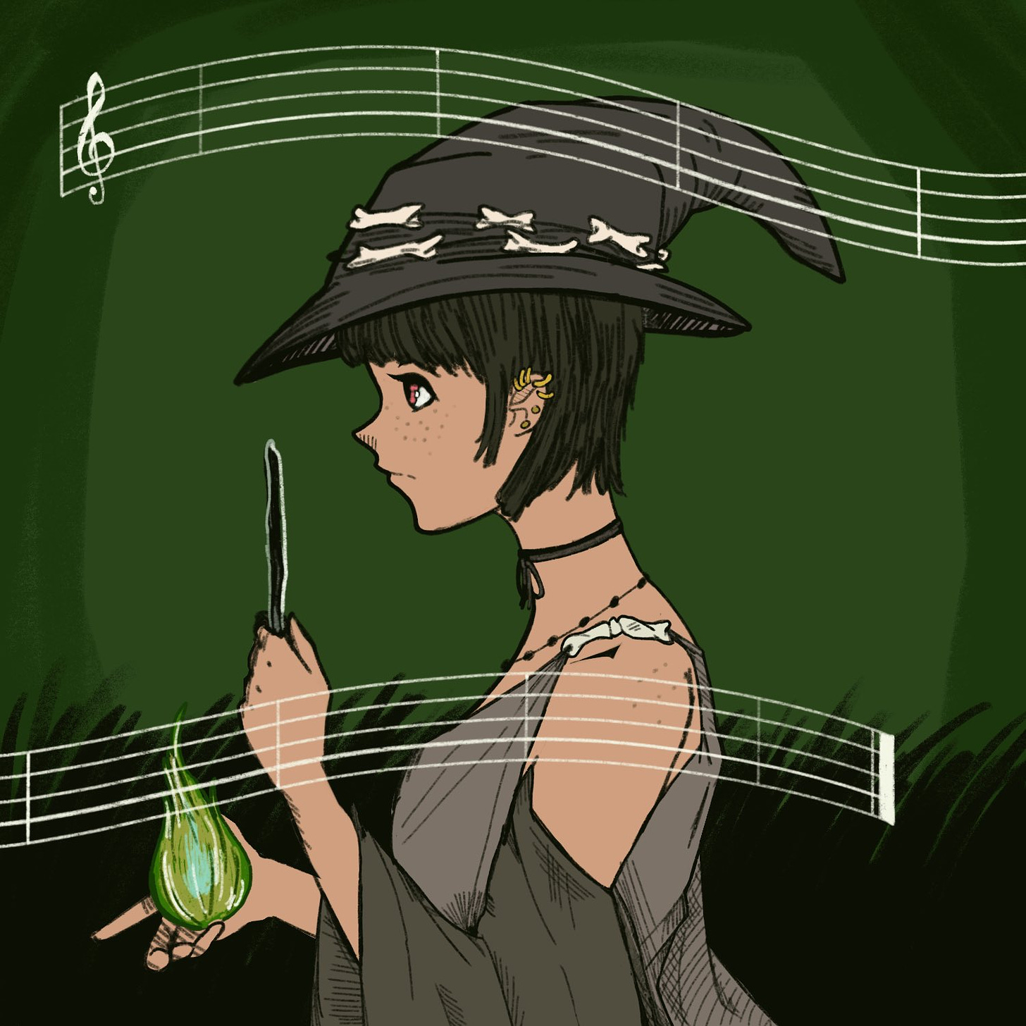 A short-haired witch surrounded by ghostly music staves.