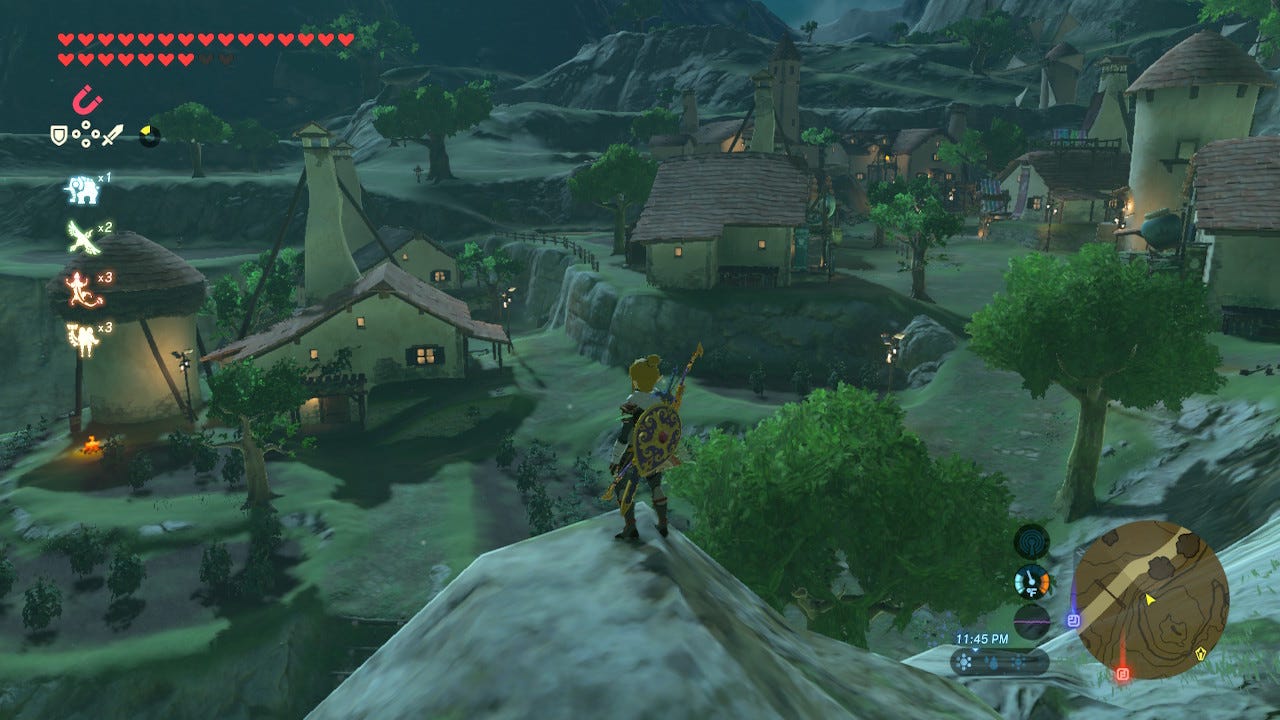 Link at the entrance of Hateno Village by night. My favourite armor: the Stealth Armor with full Great Fairy upgrades. Seen here with a Radiant shield, a Royal bow and the Master Sword.