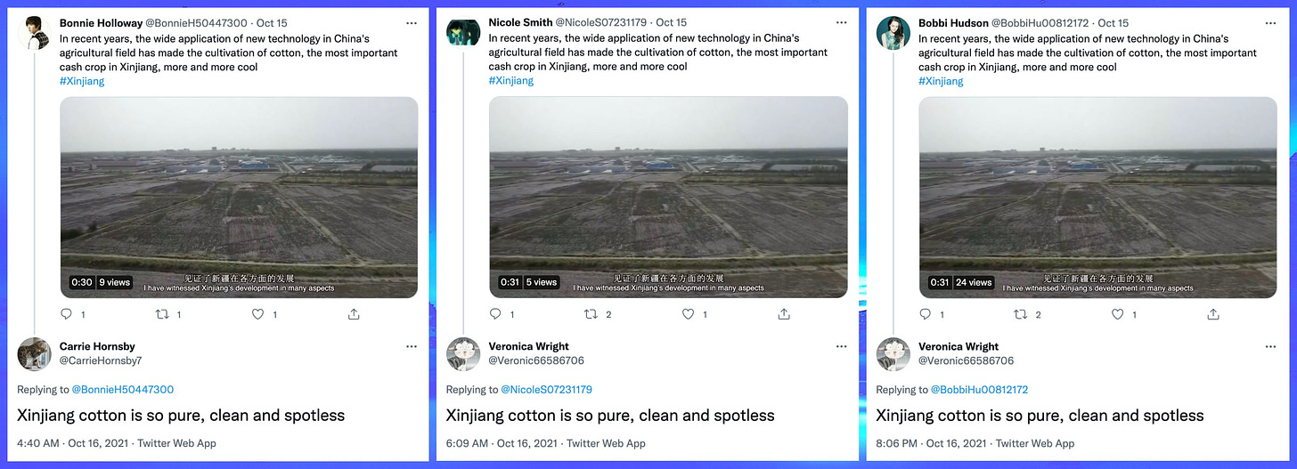 three identical "conversations" about cotton production in Xinjiang from 3 different pairs of accounts