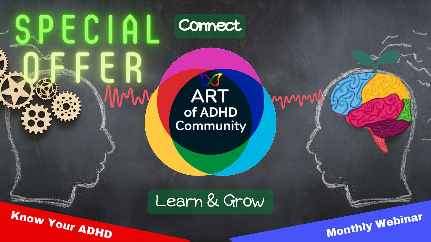 TEXT: Connect, Learn, & Grow in the ART of ADHD Community; Know Your ADHD Monthly Webinars. IMAGE: The background is a chalkboard, with no border. On either side of the image, chalk outlines of human heads face each other. Gears are in the place of a brain on the left. A brain (each section a different color) on the right. A plant is sprouting out of the brain on the right. ART of ADHD Community Logo in the center. Red spiky lines (as if from an EEG) connect to each of the "brains".