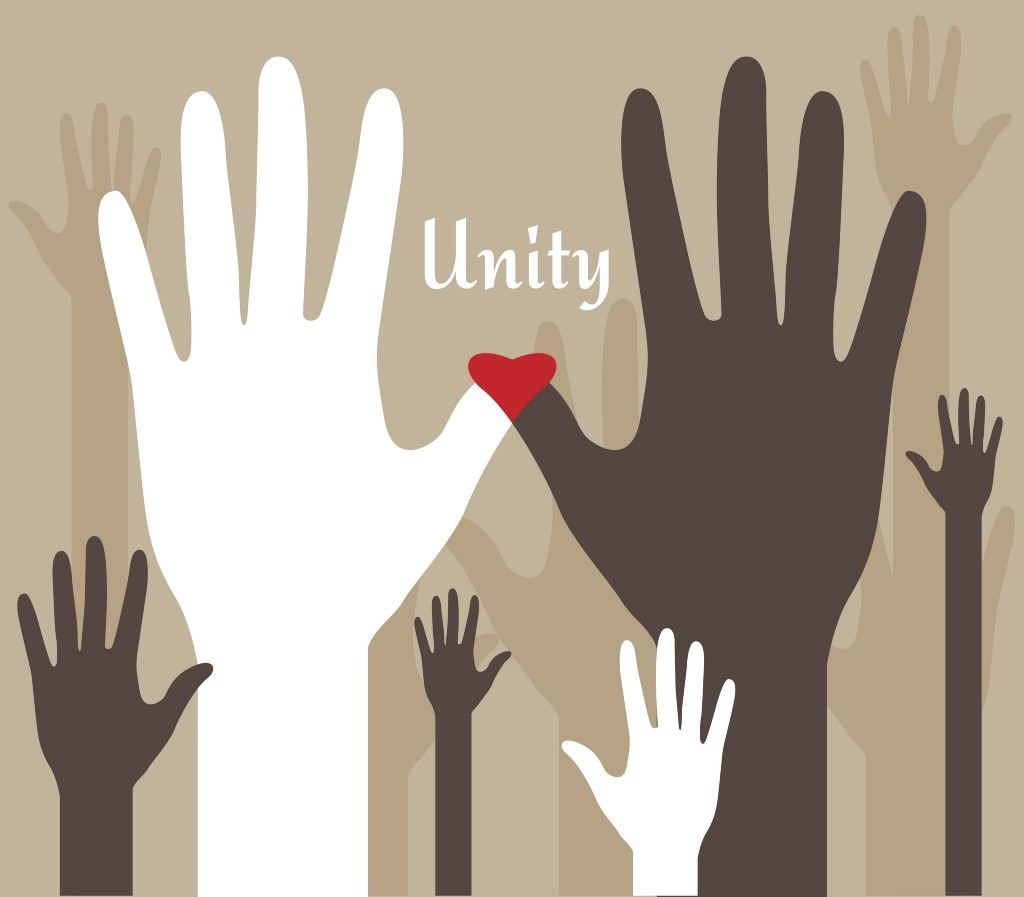 illustration of multiple different colored hands raised, two large hands with thumbs crossing, creating a red heart shape, with the word UNITY above.