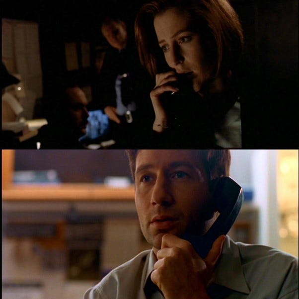 A collage of images of Scully and Mulder. Top: Scully in a dark room, looking concerned on the phone, with two men's faces indistinct in the background. Bottom: Mulder looking awe-struck on the phone in a light room.