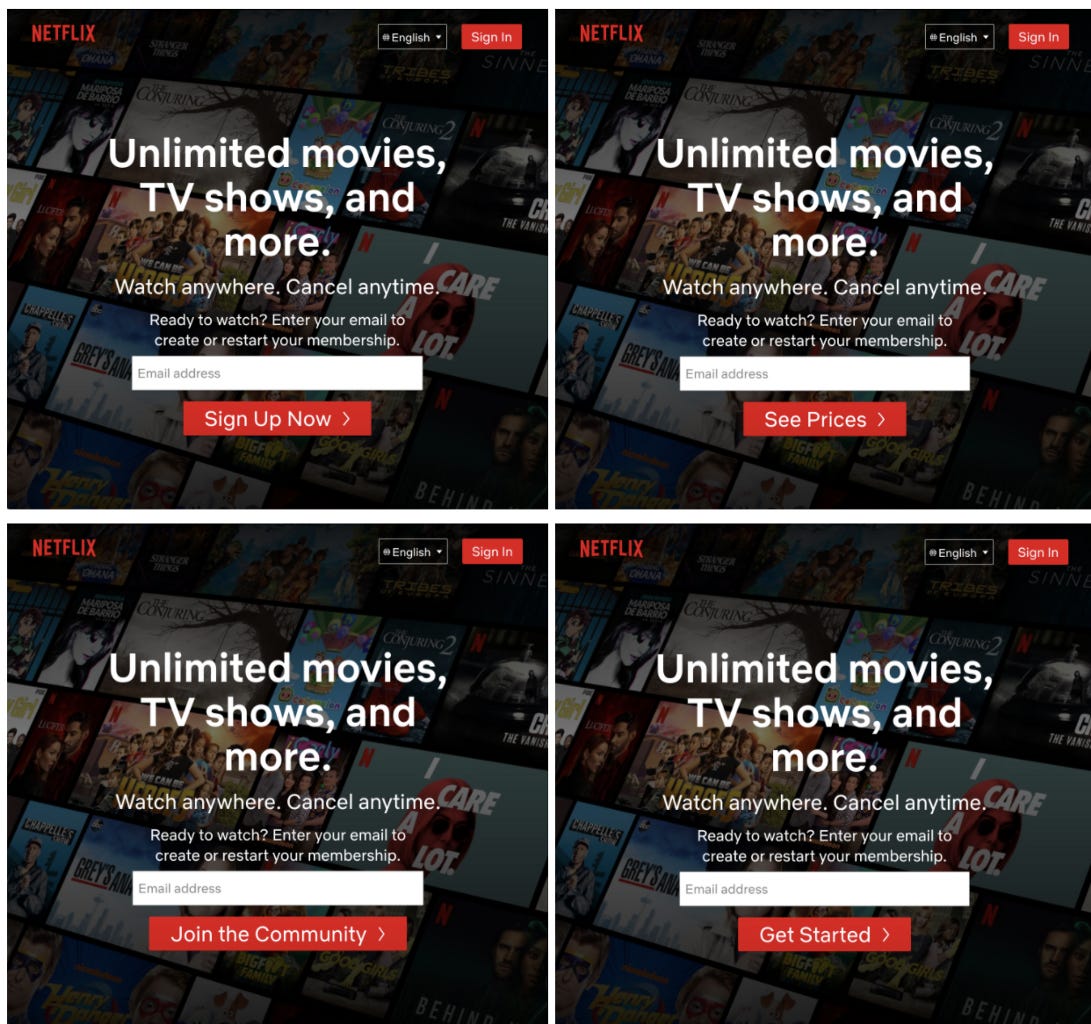 4 different variations of the call to action on the Netflix homepage