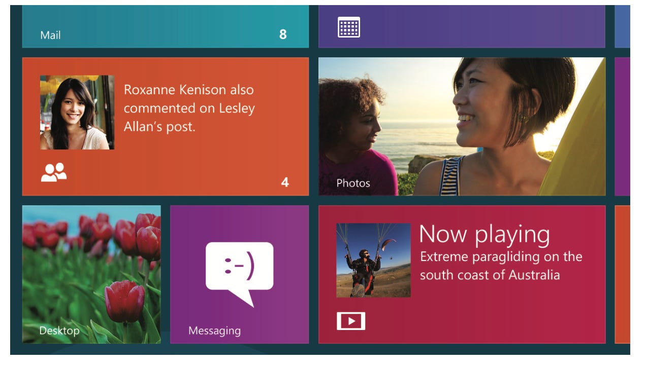 Two live tiles featured on the Start screen. One shows an update from a social media post. the other shows "now playing" media.
