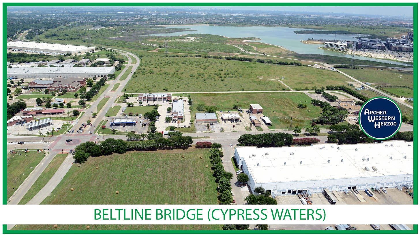 An aerial photo of the stretch of South Belt Line Road where a bridge will be built for DART's Silver Line