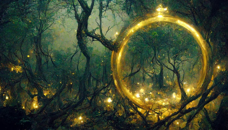A dark green misty forest with black twisted branches. A golden portal sits to the right of the frame, little lights like fireflies fly around it, possibly attracted to it.