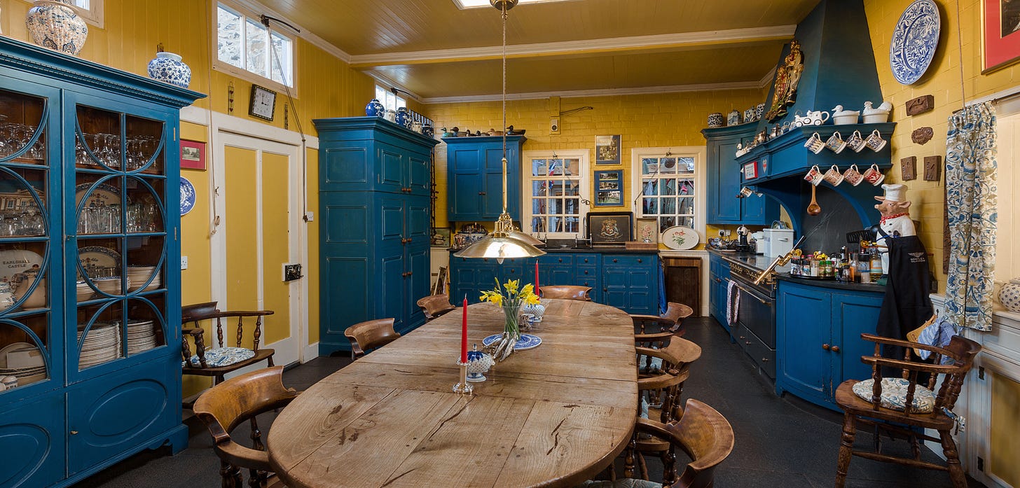 An incredible yellow and blue kitchen in Earlshall castle An incredible yellow and blue kitchen in Earlshall castle