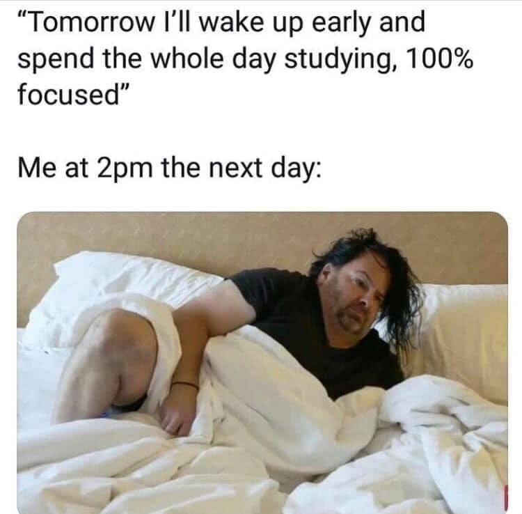 May be an image of 1 person and text that says '"Tomorrow I'll wake up early and spend the whole day studying, 100% focused" Me at 2pm the next day:'