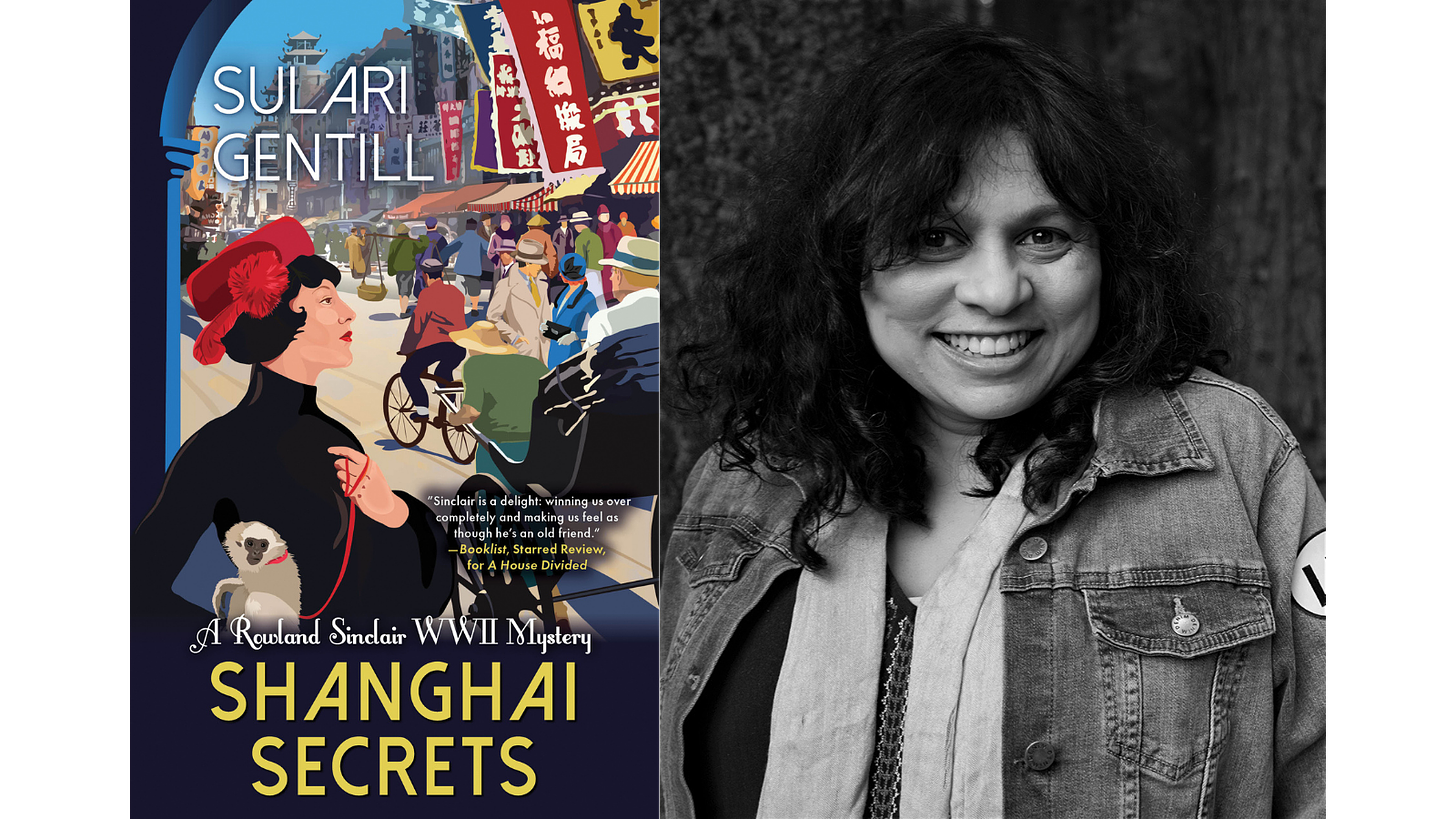 Sulari Gentill and the cover of her new book, Shanghai Secrets