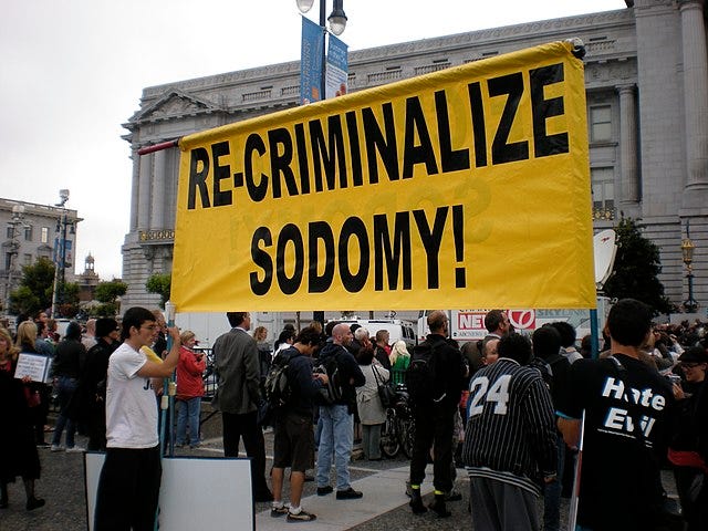 A group of people are gathered outside a government building. Two are holsing a yellow banner with black all-caps text that reads "RE-CRIMINALIZE SODOMY"