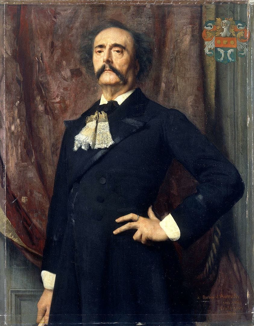 A painting of an older white man with a dramatic black mustache standing in front of some drapery. He is wearing a black frockcoat with a fall of white lace at the throat. His hand is on his hip.